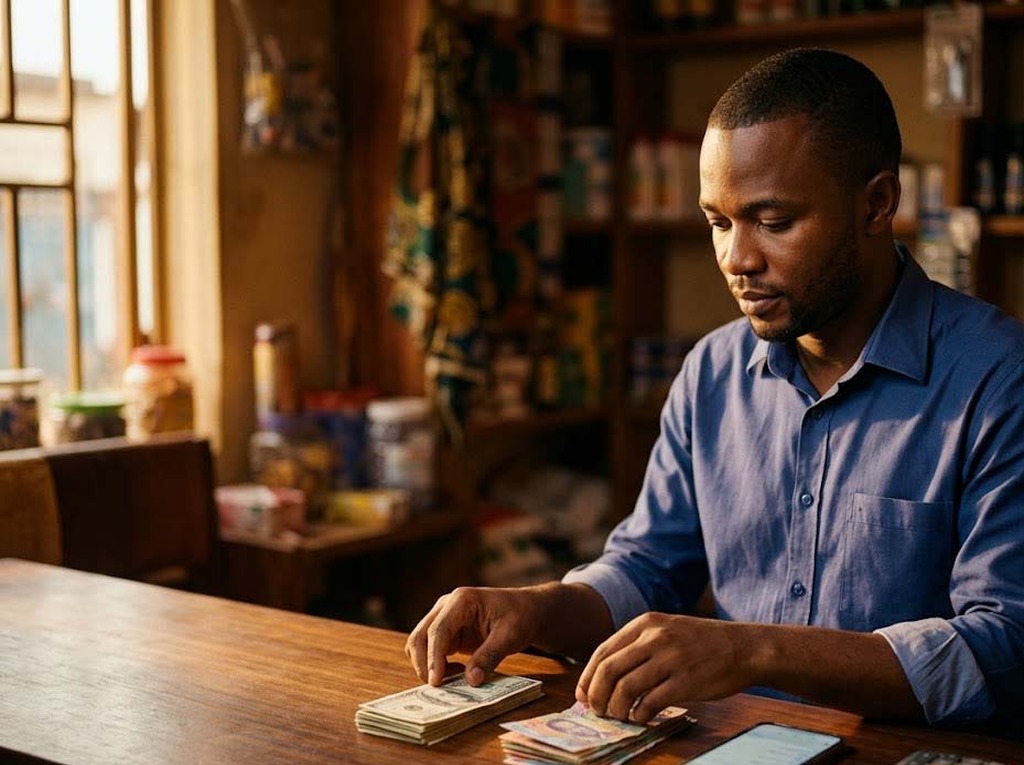 Entrepreneur congolais comptant des billets USD et CDF dans sa boutique