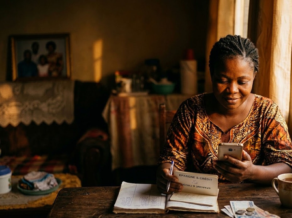 Cliente VisionFund by AfriCap consultant son compte d'épargne à la maison